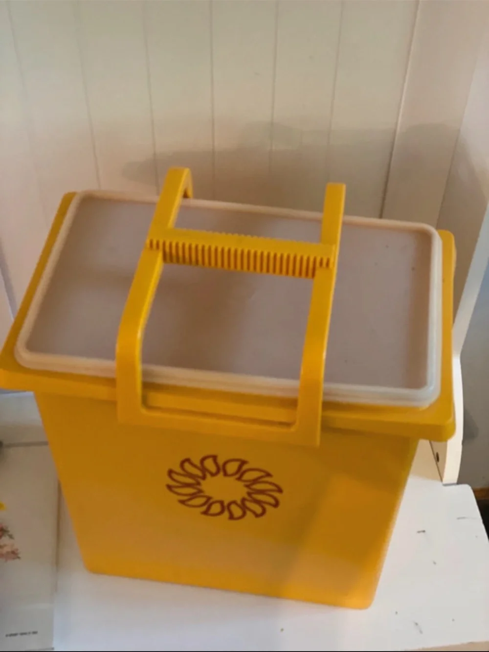 Vintage Yellow Tupperware Storage Bin with Sunburst Logo
